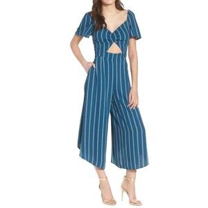 LEITH Teal Blue Green Striped Jumpsuit Full Length Romper Pockets Cut Outs Sz S